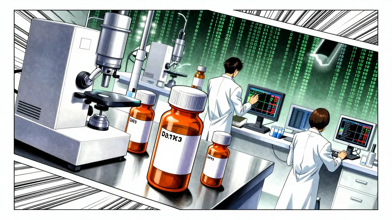Pharmacy laboratory with prescription bottles and blood testing equipment