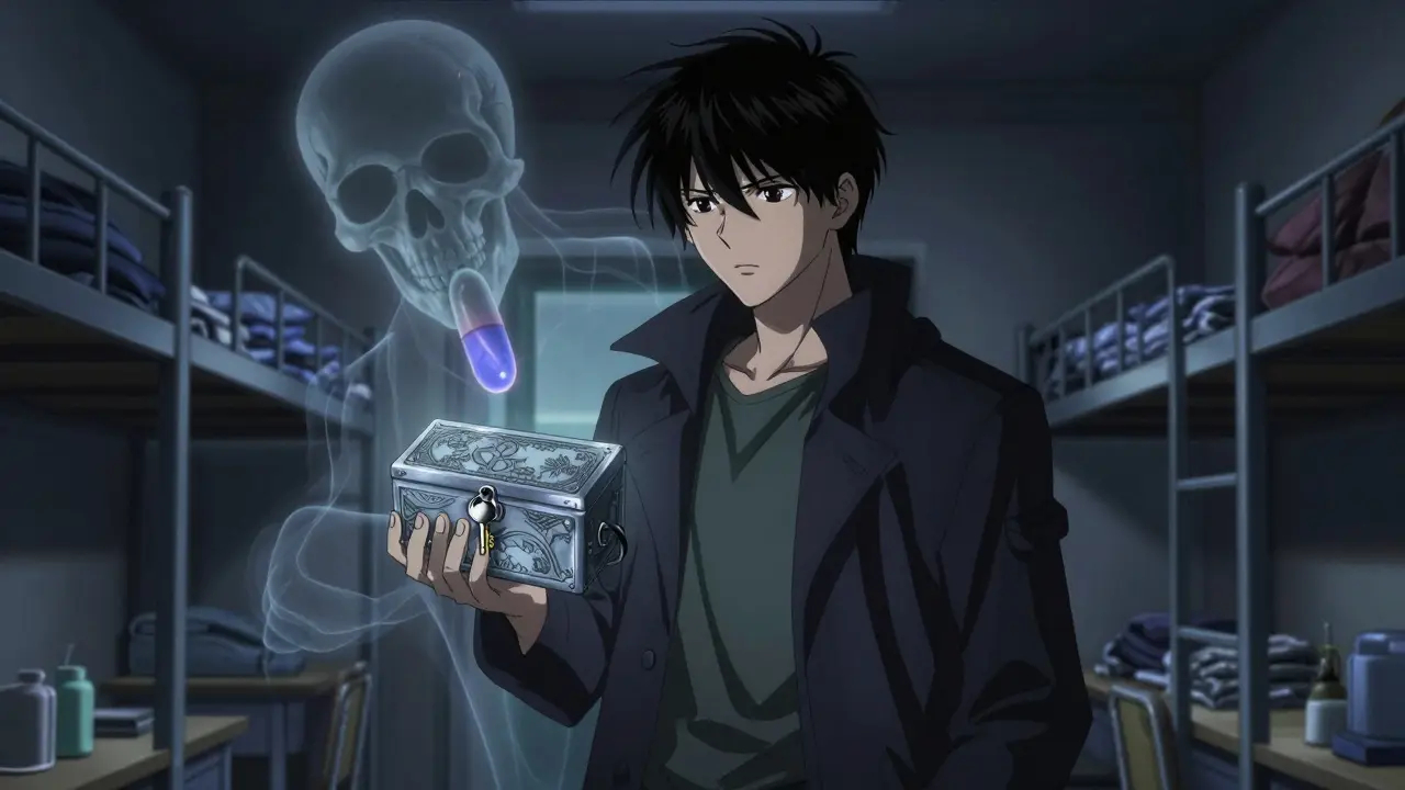 Teen holding a locked medication box, with a menacing counterfeit pill looming behind.