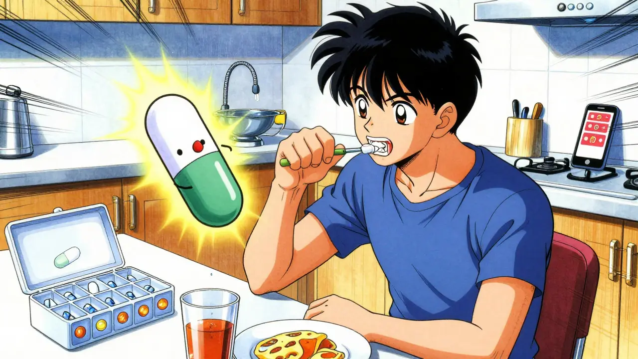 Teen taking medication after brushing teeth, with alarms and pill box visible.