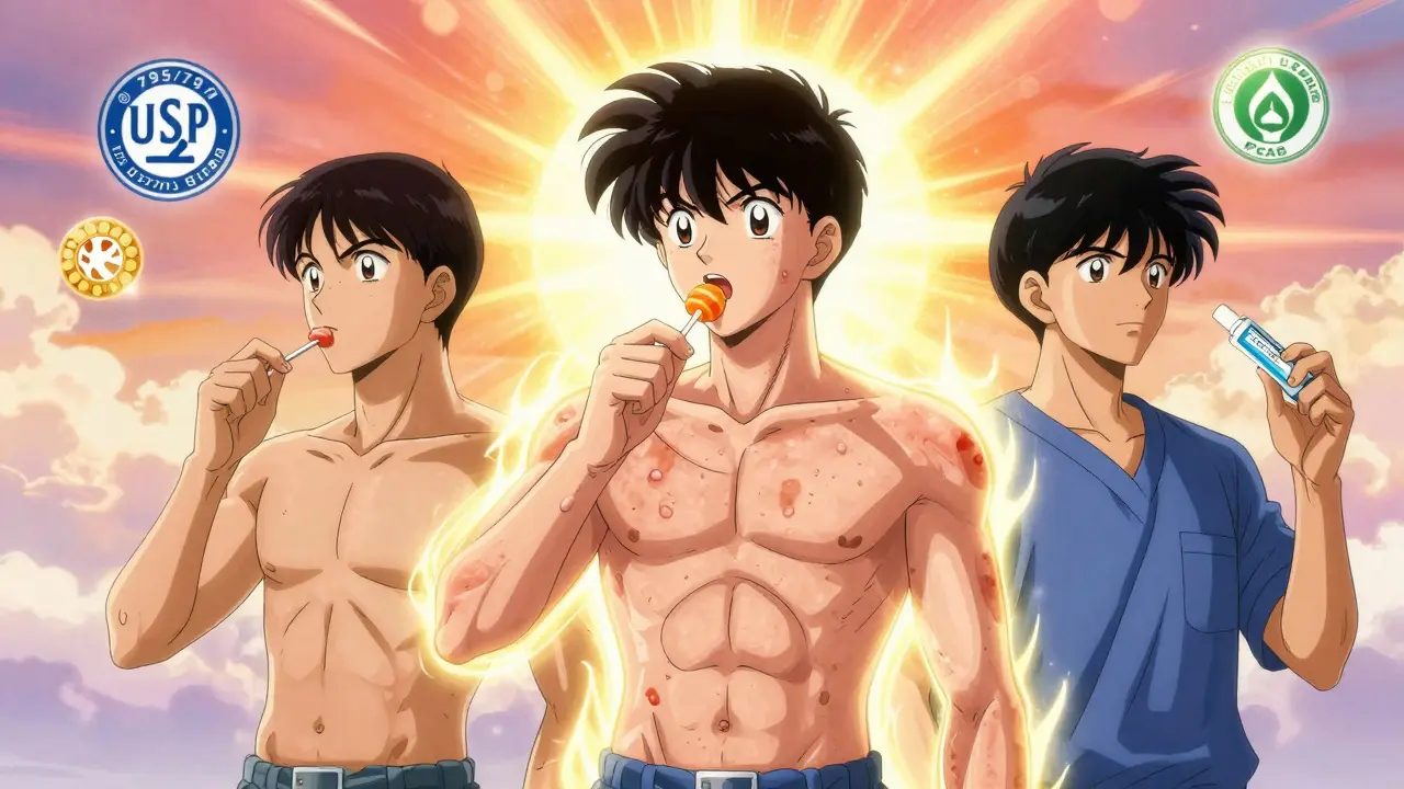 Three patients empowered by compounded medications, glowing with renewed health under a sunrise.