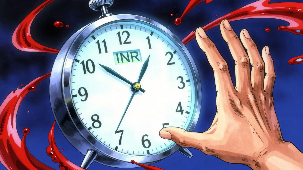 A conceptual manga illustration of an INR monitor and swirling blood flow representing the timing of a drug switch