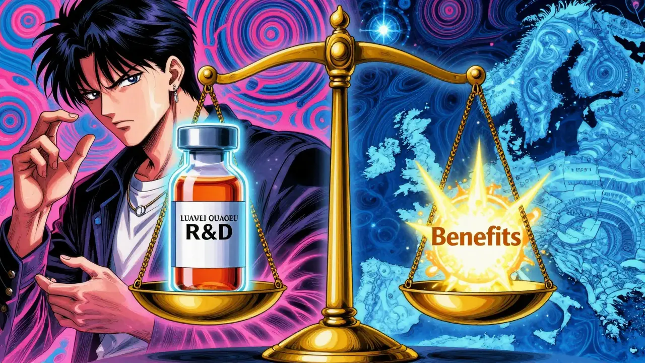 A golden scale symbolizing US pharmaceutical subsidies for global innovation in a surreal anime style.