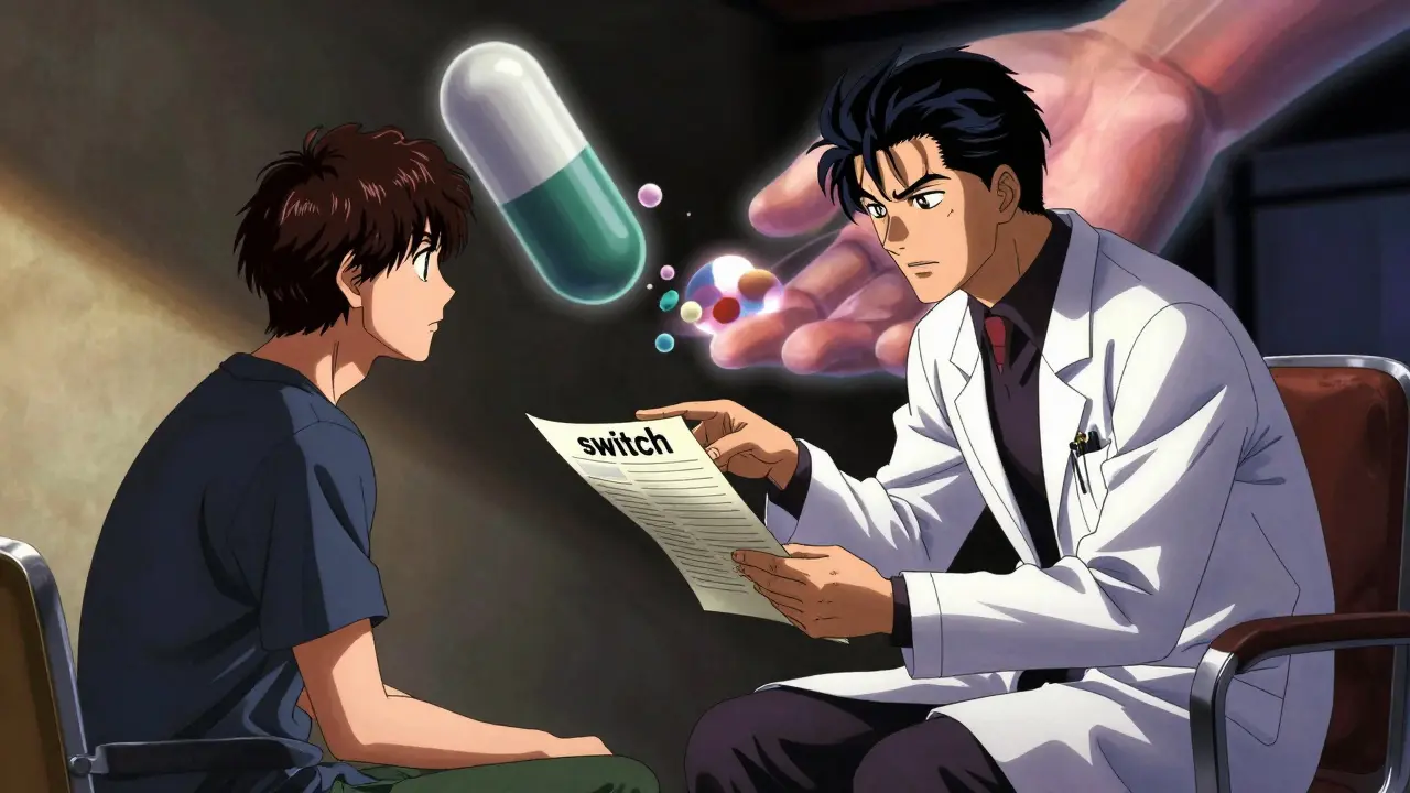 A patient and doctor discussing medication changes in a dramatic manga art style.