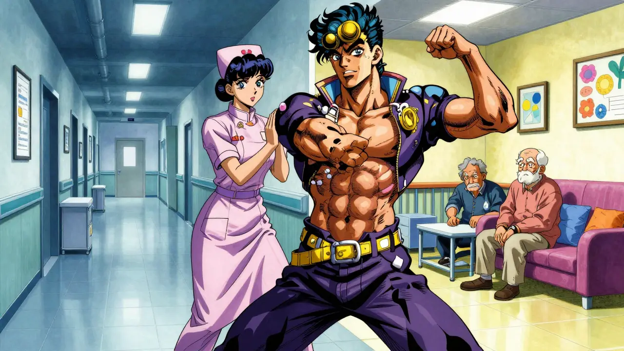 A patient transitioning from a hospital to a community health hub in an artistic manga style