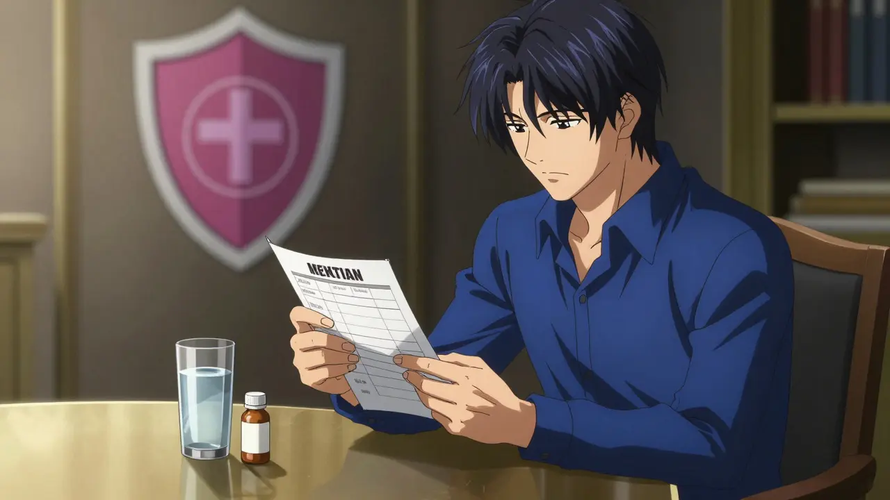 A person carefully reviewing a medical checklist with medication on a table in an artistic style.