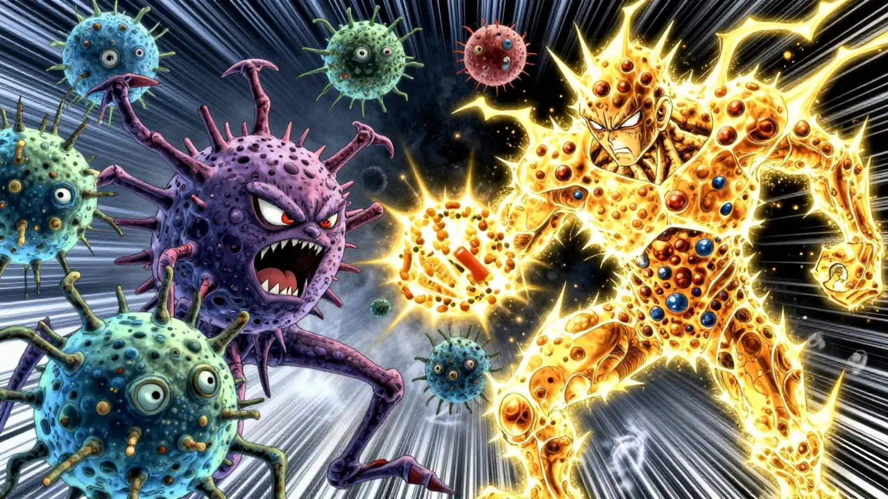 A stylized battle between an antibiotic molecule and bacteria in bold manga art.