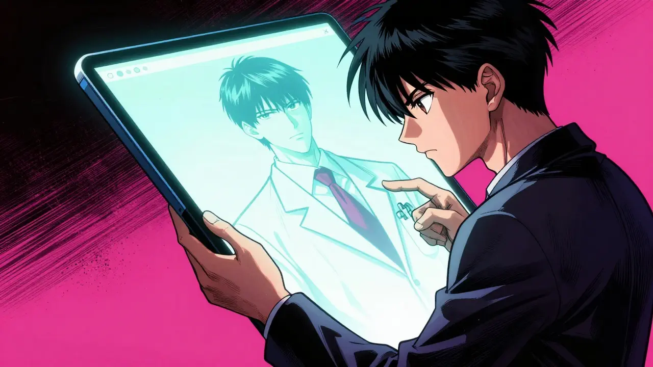 Anime style person having a telehealth consultation with a stylized doctor via smartphone