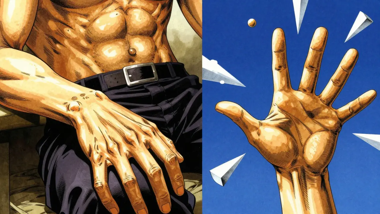 Comparison of a resting hand and a shaking hand in a stylized anime illustration.