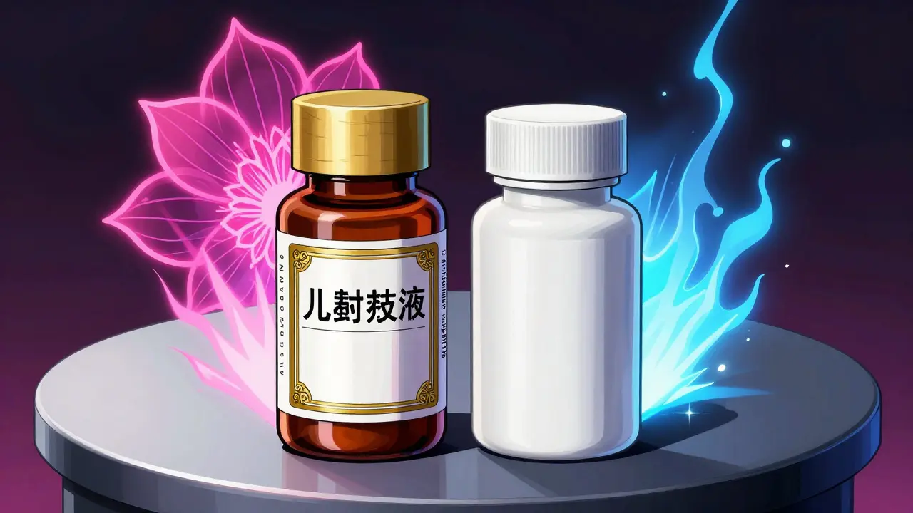 Comparison of brand and generic medicine bottles with vivid energy effects