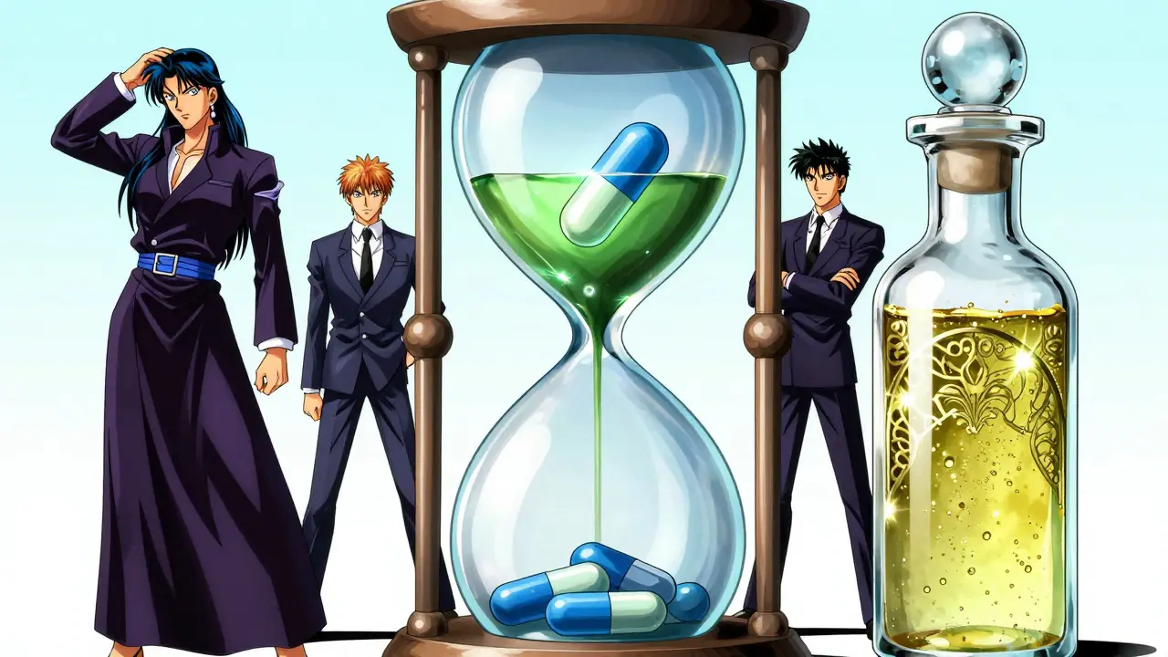 Conceptual anime art of an hourglass separating an antiviral pill from an H2 blocker pill.