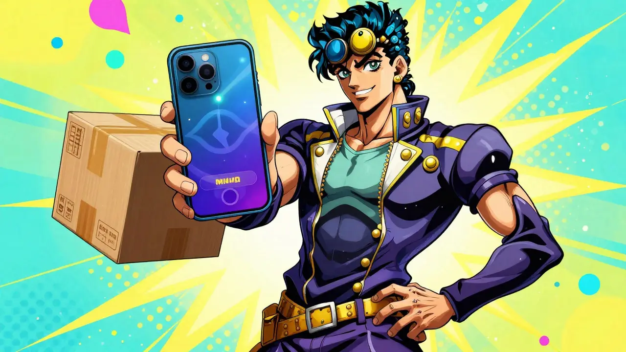 Confident person in a dramatic pose holding a smartphone and a delivery package