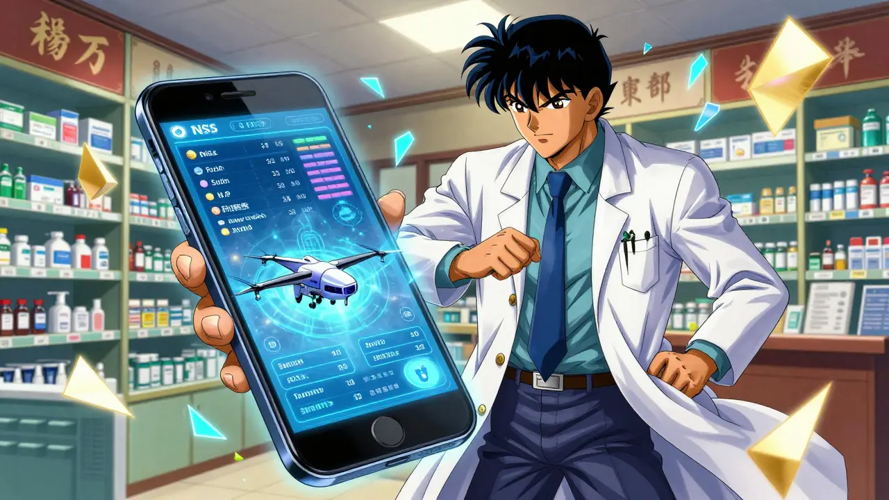 Holographic digital pharmacy interface and delivery drones in a stylized anime scene