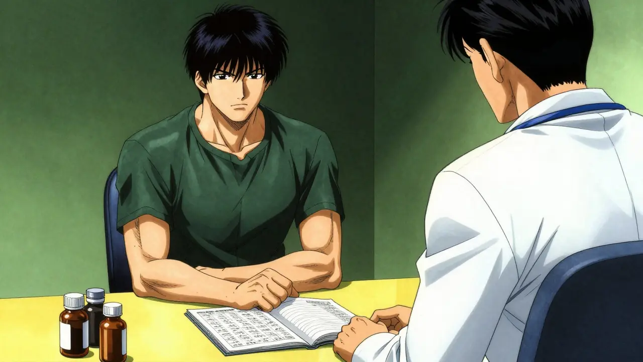 Patient confidently discussing a symptom journal with a doctor in a medical office