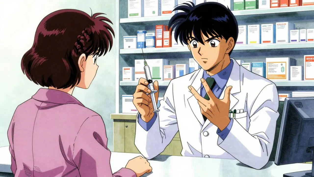 Pharmacist demonstrating how to use an oral syringe with a parent in a manga style.