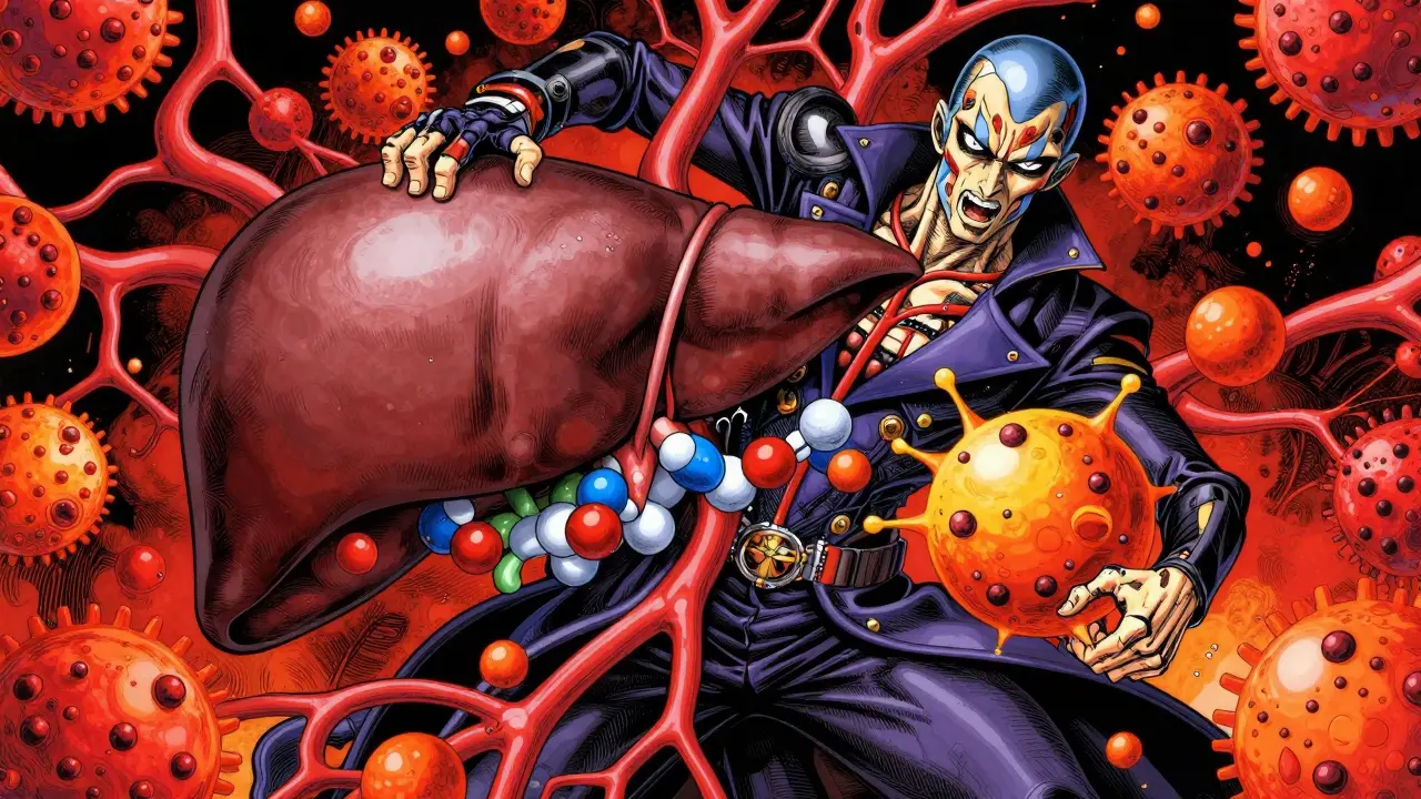 Stylized anime depiction of cimetidine blocking liver enzymes causing drug buildup in the blood.