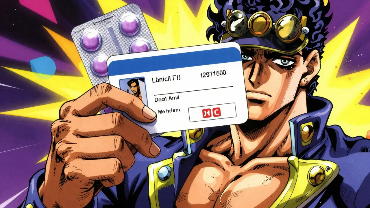 Stylized manga close-up of a medical alert card and medication blister pack