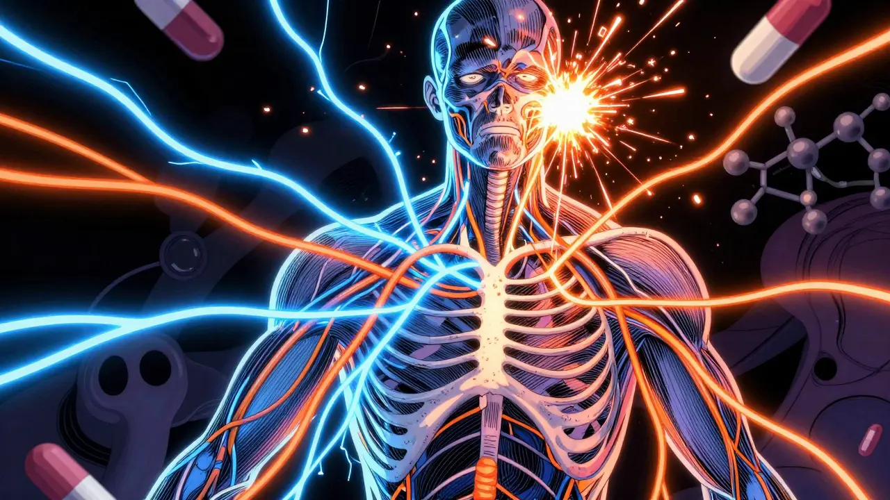 Stylized nervous system with electric sparks and abstract floating pills
