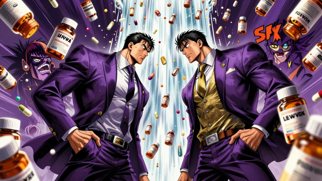 Two pharmaceutical executives in a dramatic face-off surrounded by generic pills in manga style.